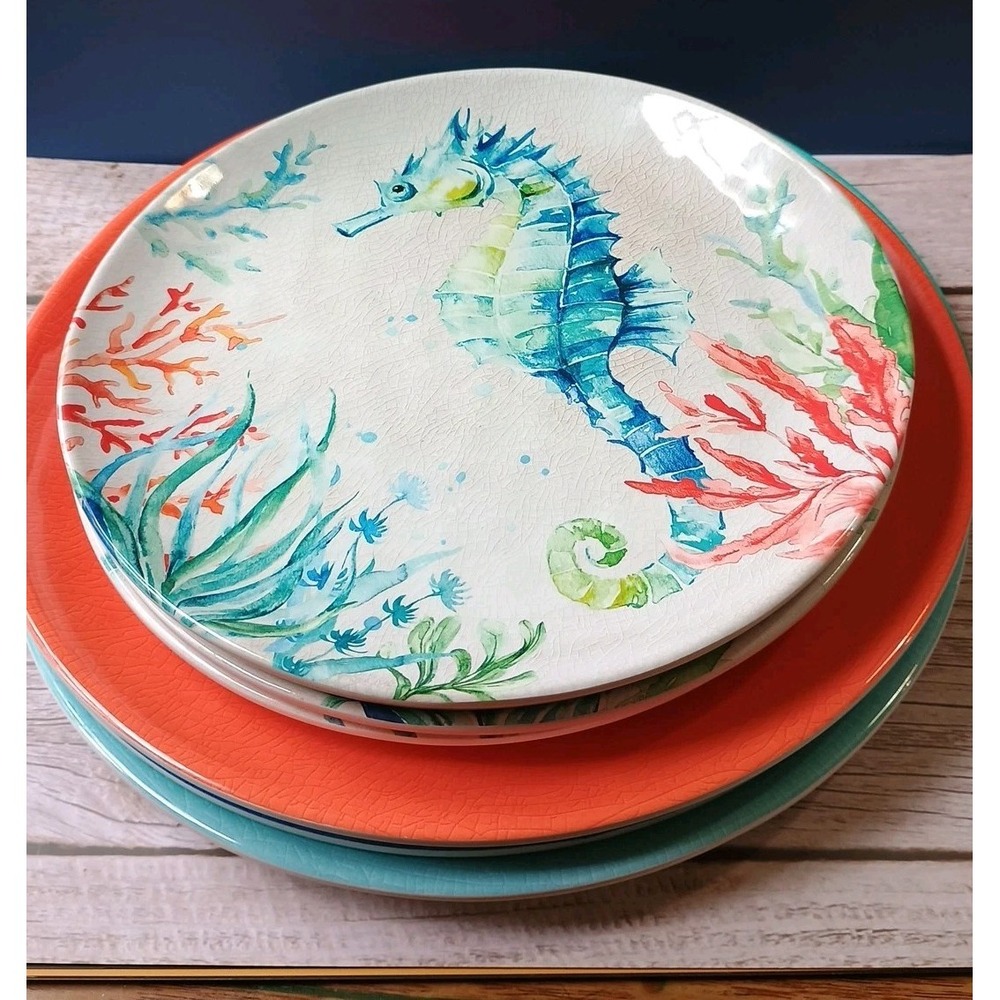 Melamine Set Of 12 Plates 9" & 11" Bowls Corals Crab Seahorse Starfish Turtle - Picture 2 of 11